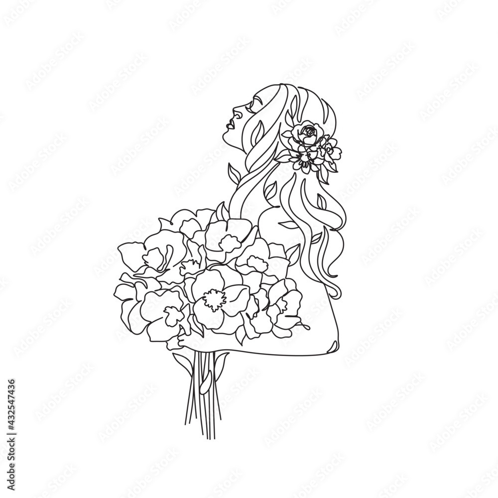 Face with flowers Line drawing art. Woman face Vector. Minimalist ...