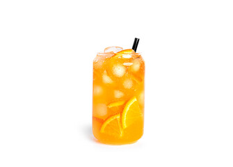 Orange drink with orange slices and ice in a glass isolated on a white background.