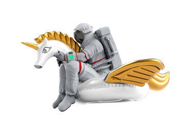 astronaut is riding a inflatable unicorn on white background side view