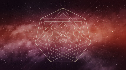Wall Mural - Red sacred geometry, space background - zoom, abstract, line art, hepatgram, septagram, seven point star