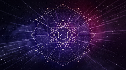 Wall Mural - Purple and pink sacred geometry, space background - abstract, line art, dodecagram, dodecagon