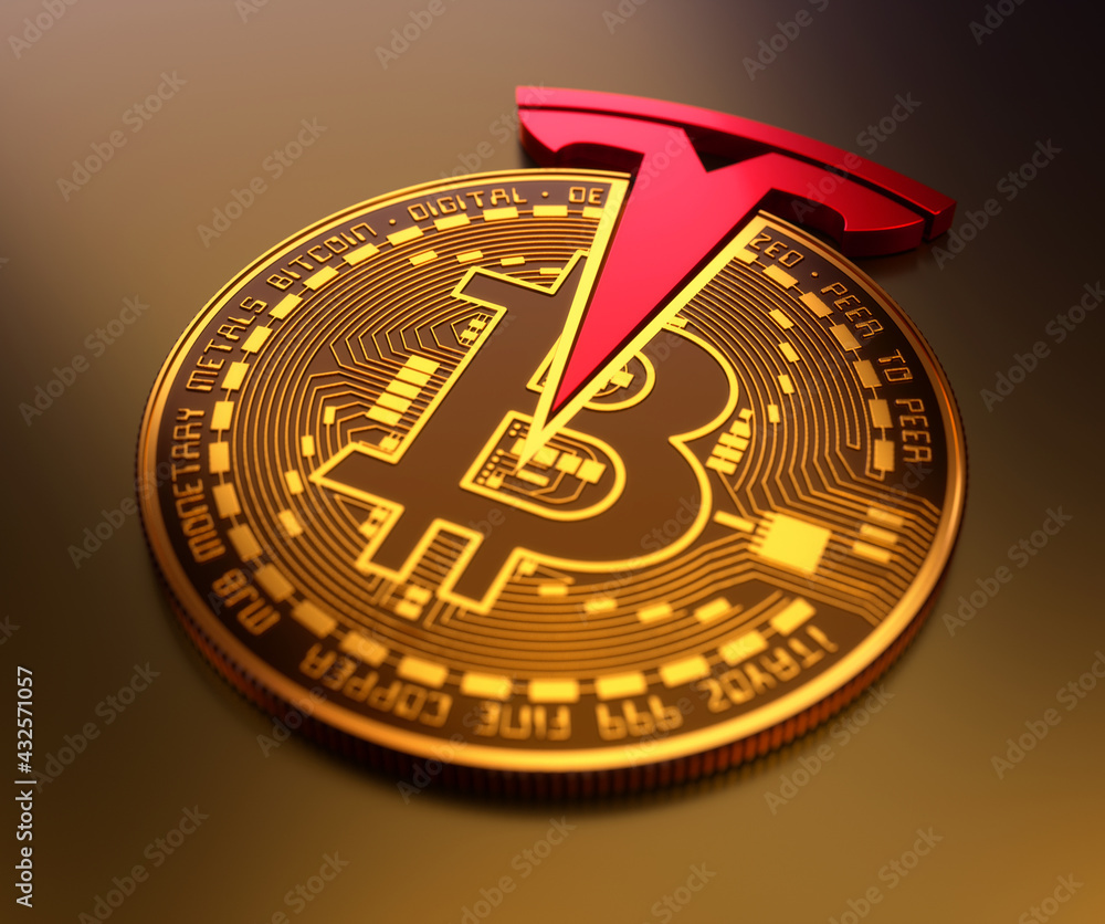 Tesla buys dollar 1.5 billion in bitcoin. Tesla invests in Crypto Currency.  Red Tesla logo with goldish bitcoin. You can buy tesla car with bitcoins.  3D Illustration. Stock Illustration | Adobe Stock