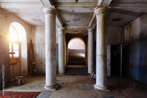 Old abandoned historical mansion, inside view