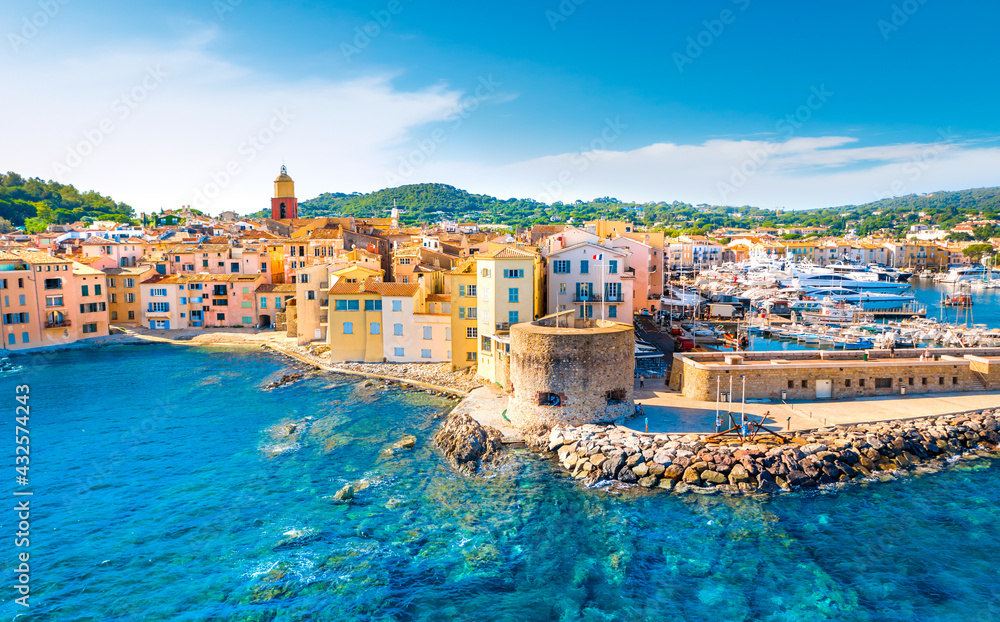View of the city of Saint-Tropez, Provence, Cote d Azur, a popular destination for travel in Europe - obrazy, fototapety, plakaty 