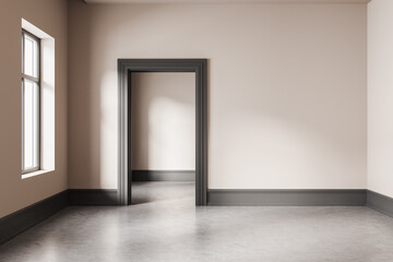 Light empty living room with door and window, concrete floor and mockup