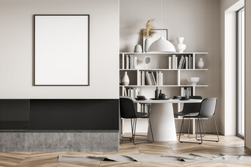 Light living room interior with bookshelf and furniture, poster on the wall