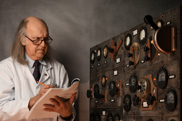 Wall Mural - Scientist working in its laboratory, doing a physics experiment, reading the user manual