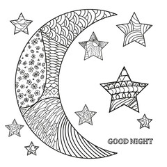 Wall Mural - Zentangle moon and star with abstract patterns on isolation background. Design for spiritual relaxation for adults. Line art creation. Black and white illustration for anti stress colouring page. 