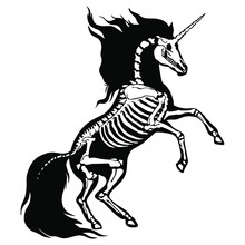 Skeleton Of A Unicorn On A White Background. Great For T-shirts, Tattoos, And More. Perfect For Halloween And Day Of The Dead Decoration.