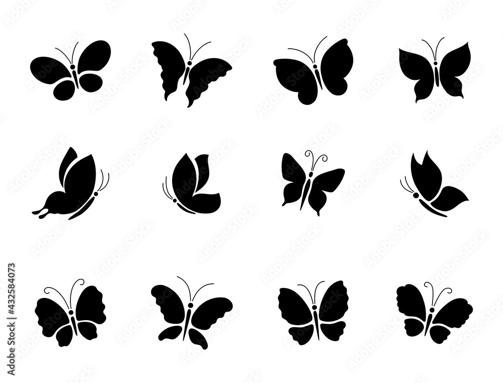 A set of different butterfly silhouettes. - obrazy, fototapety, plakaty 