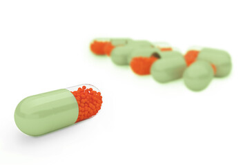 3D rendering of multiple pills with depth of field on white background, 3D illustration, 3D Render