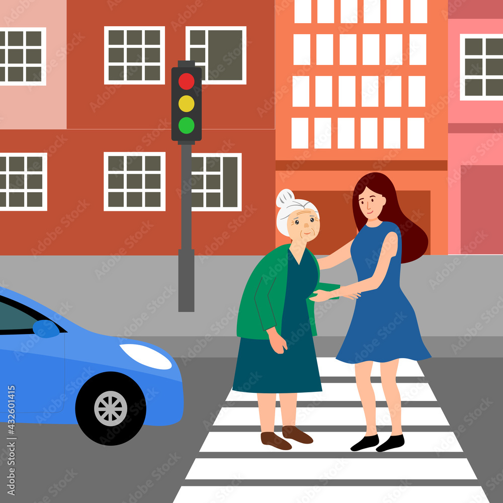 Woman helps elderly woman crossing the road at crosswalk with traffic ...