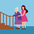 Young woman helps old lady walking upstairs in flat design. Kindness to senior people. Generosity.