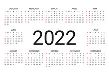 2022 Calendar. Week Starts Sunday. Simple Yearly Template Of Pocket Or Wall Calenders Stationery Year Organizer With 12 Months. Vector. Layout Grid In Minimal Design. Landscape Orientation, English