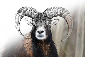 Hand drawing and photography mouflon combination. Sketch graphics animal mixed with photo