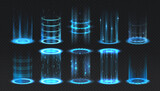 Fototapeta  - Realistic portal. Level up and teleportation process game effect, futuristic lighting and bright wrap aura. Glowing neon energy circles set. Vector vertical teleport with luminous beams