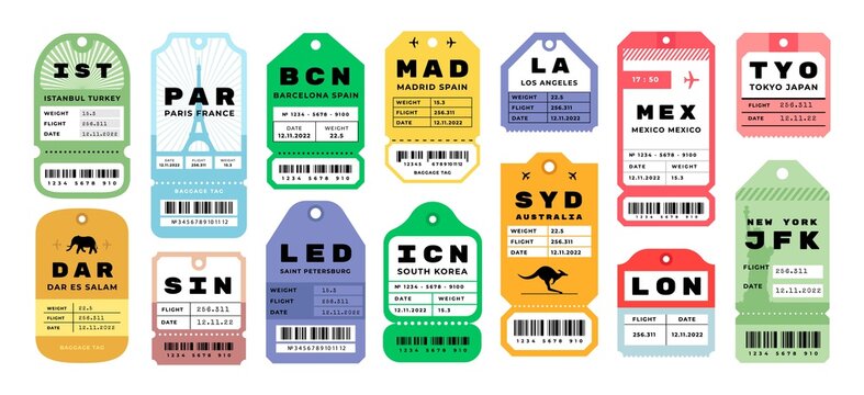 Wall Mural - Airplane travel tags. Airport baggage tickets with stamps. Bright badges set for tourists luggage. Airline coupons from different cities. Vector labels with tear off line and barcode