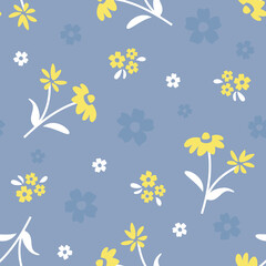 Wall Mural - Floral colorful seamless pattern. Yellow and white flowers on blue background print.