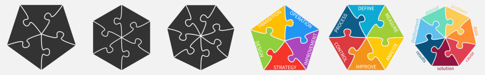 Sticker - Polygons, five to seven sides, divided into jigsaw puzzle pieces - simple infographics element, gray and color version