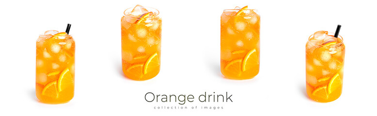 Orange drink with orange slices and ice in a glass isolated on a white background.