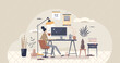 Home workplace and distant office in room as workspace tiny person concept. Isolation and distancing from company and work with remote workstation vector illustration. Freelance job process scene.
