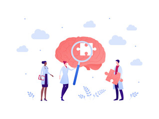 Brain research and mental disease study concept. Vector flat people illustration. Doctor scientist team with magnifier glass and puzzle. Male and female character. Design for health care and science.