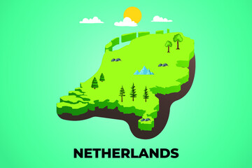 Netherlands 3d isometric map with topographic details mountains, trees and soil vector illustration design