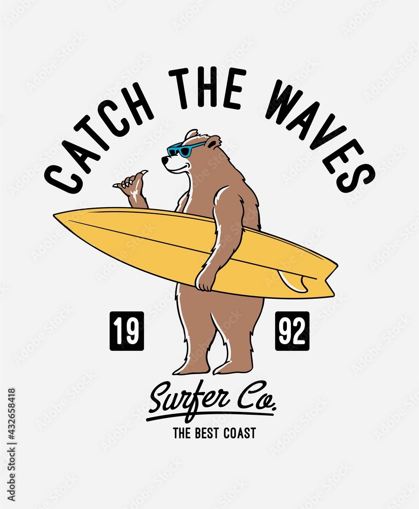 Surfer bear vector illustration, for t-shirt prints, posters and other uses. - obrazy, fototapety, plakaty 