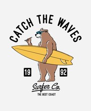 Surfer Bear Vector Illustration, For T-shirt Prints, Posters And Other Uses.