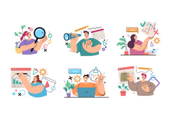 Wall Mural - Man woman people manager business person office worker character making internet online business activity isolated set. Vector flat simple modern style illustration