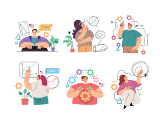 Wall Mural - Man woman people manager business person office worker character making internet online business activity isolated set. Vector flat simple modern style illustration
