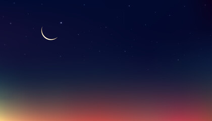 Ramadan Kareem card design background in Dramatic Night with Crescent Moon,Star with Blue, Purple and Orange Sky,Vector Banner of Religions Symbolic of Islamic or Muslim for Eid Mubarak, Eid al fitar