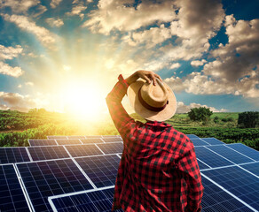 Wall Mural - Farmer over Solar energy  photovoltaic plant. Solar farm at Sunset. Space for text.