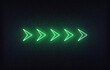 Neon arrow sign. Set of green futuristic glowing neon arrow pointer on brick wall background