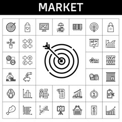 Sticker - market icon set. line icon style. market related icons such as profits, piggy bank, voucher, discount, crate, upermarket, shelf, target, line chart, supermarket, shopping bag