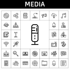 Sticker - media icon set. line icon style. media related icons such as antenna, megaphone, tv, audiobook, networking, carousel, film reel, voice recorder, notification, music, playlist