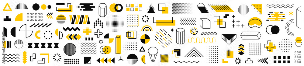 Set of 115 geometric shapes icons. Memphis design retro elements. Collection trendy halftone geometric shapes. Retro funky graphic, 90s trends designs and vintage print element collection - obrazy, fototapety, plakaty 