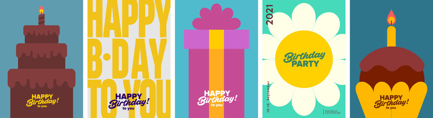 Wall Mural - Birthday. Simple, fun, vector illustrations. Gift, chamomile, Birthday cake with a candle. Set of illustrations