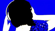 Poster Effect: A Young Woman Listening To Music With White Headphones, Looking Sensual. Closeup Shot Of Her Nape And Back Of The Neck, Blue Background.
