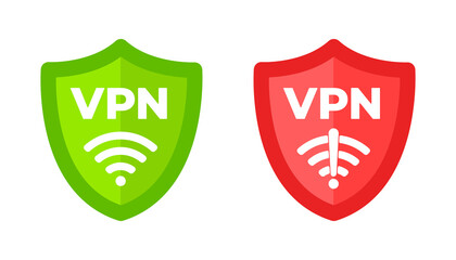 Wall Mural - Wireless shield with text VPN and no VPN wifi icon sign flat design vector illustration. Wifi internet signal symbols in the security shield isolated on white background.
