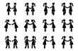 © Cherstva - Handshake stick figure woman side view poses postures vector illustration set. Stick female business partners at meeting deal agreement silhouette pictogram on white