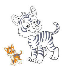 Sticker - Cute little tiger cub. Black and white picture for coloring book with a colorful example. In cartoon style. Isolated on white background. Vector illustration.