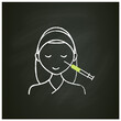 Cosmetic injection chalk icon.Woman doing injection under eyes, around eyes. Surgery. Full syringe. Beauty cosmetic procedure concept. Isolated vector illustration on chalkboard