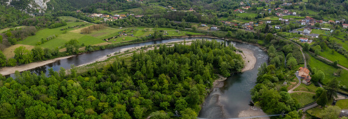 aerial view of mountains and Nalon river of asturias. Spain