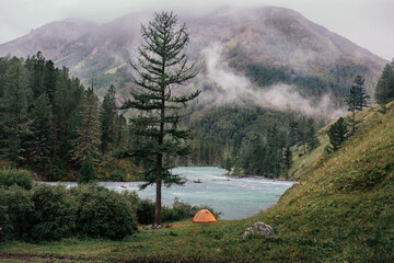 Beautiful view of the lake surrounded by forest and mountains