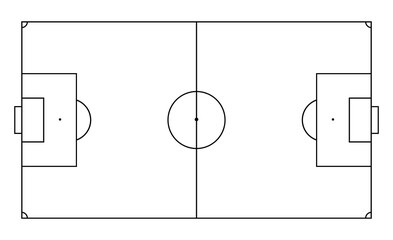 Soccer field in line style. Football pitch. Black outline court and stadium on white background. Icon for football match, league and scheme. Graphic icon for sport area, game and training. Vector