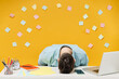Young sad tired exhausted frustrated sick ill sleepy employee business man in shirt sit work at white office desk with pc laptop sleep put head on table isolated on yellow background studio portrait.
