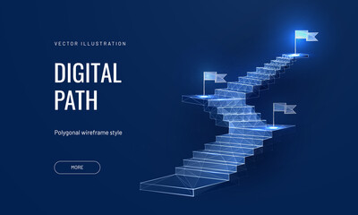 the concept of the path to success on a blue background. staircase up in a futuristic polygonal styl