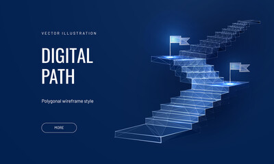 Path to success on a blue background. Staircase up in a futuristic polygonal style. Digital path abstract vector illustration