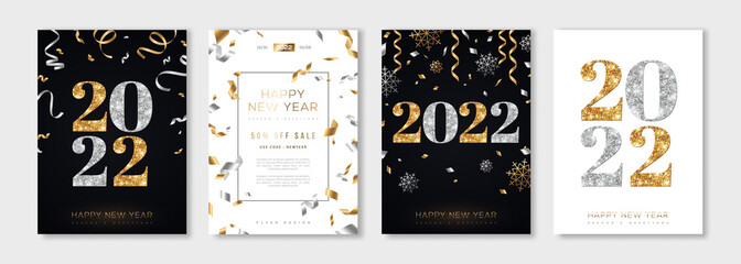 christmas and new year posters set with gold and silver confetti and 2022 numbers. vector illustrati